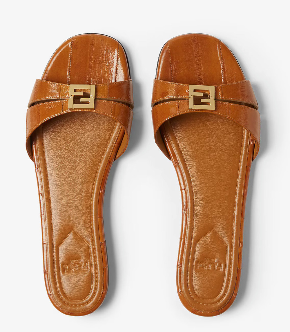 Fendi Fold Slide Beige Brown Eel Leather FFold Gold FF Logo Mule Flat Sandals 36